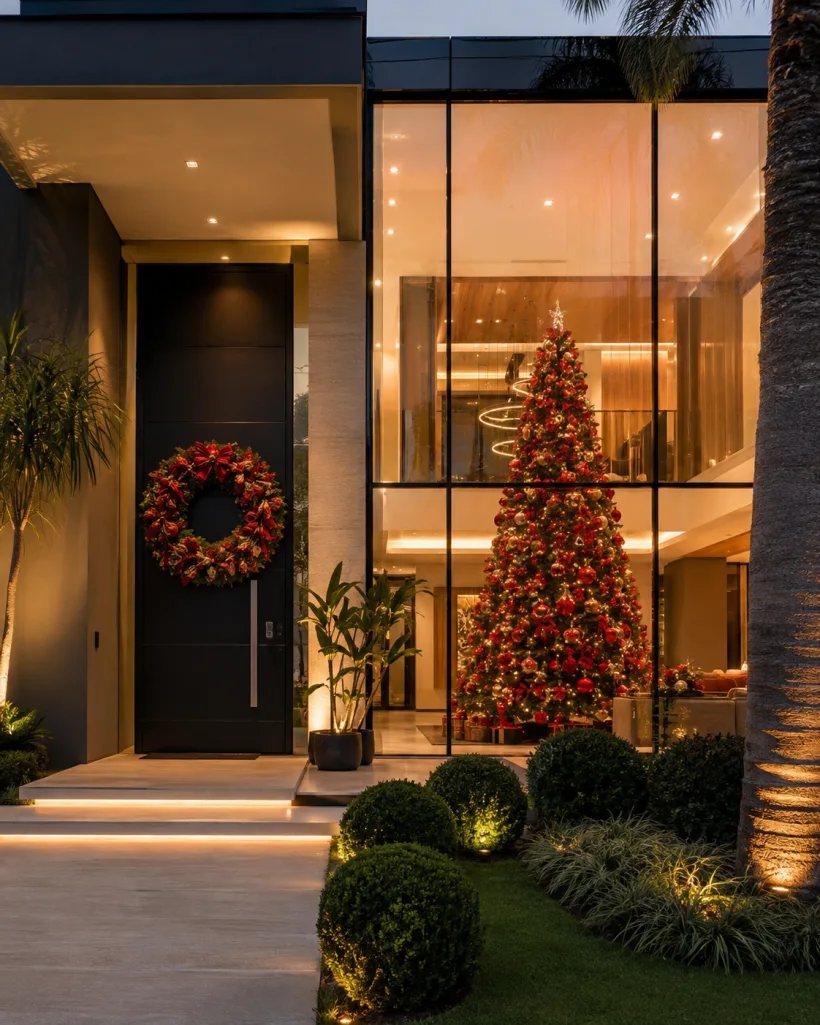 Guirlanda de Natal pendurada na porta de entrada de uma casa