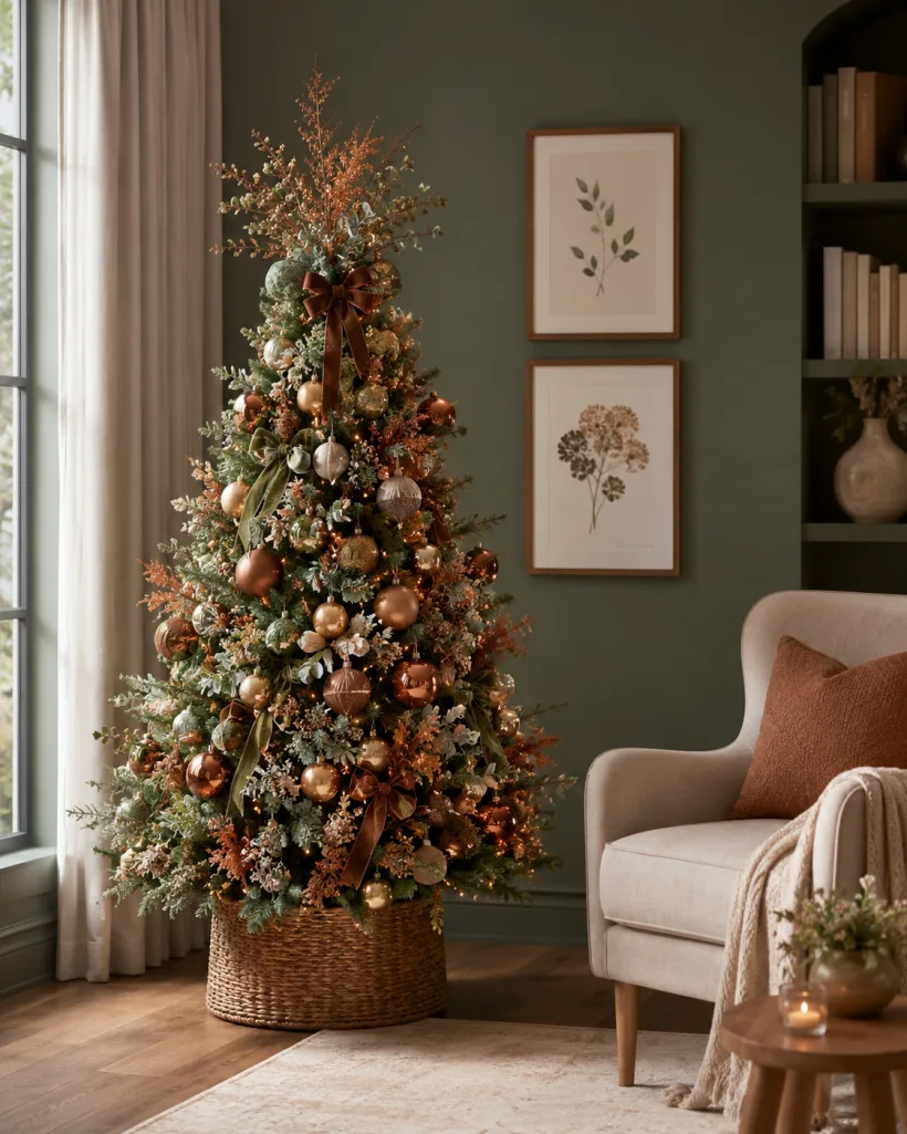 Árvore de Natal cobre e terrosa num cesto de palha, ao lado de poltrona e quadros