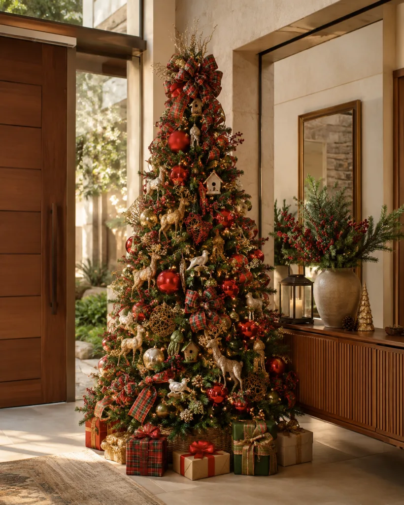 Árvore de Natal vermelha com fitas xadrez e renas douradas no hall de entrada