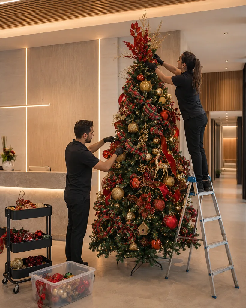 Dois decoradores enfeitando árvore de Natal vermelha e dourada no hall de uma empresa