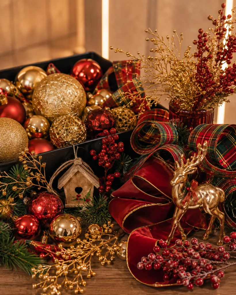 Caixa aberta com enfeites de Natal, renas e fitas antes da montagem