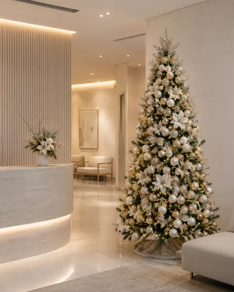 Árvore de Natal branca e dourada em recepção clara, com balcão curvo e poltronas claras