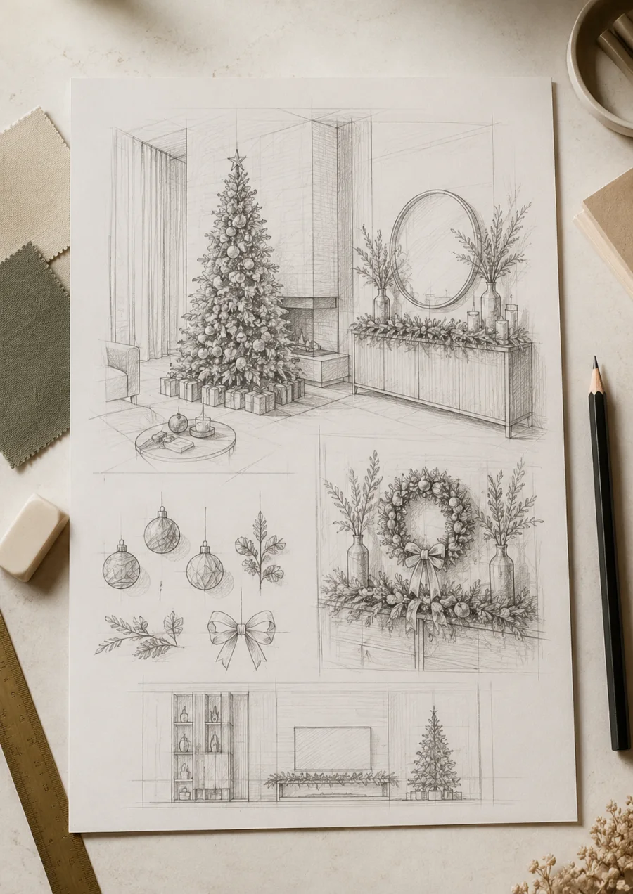 Croqui a lápis com árvore de Natal, guirlanda, aparador e enfeites desenhados sobre a mesa