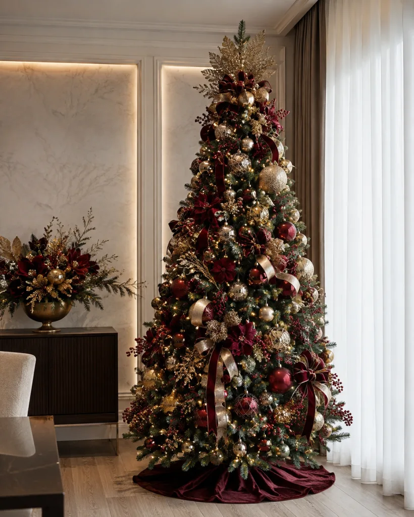 Árvore de Natal marsala e dourada em sala clássica, ao lado de aparador escuro