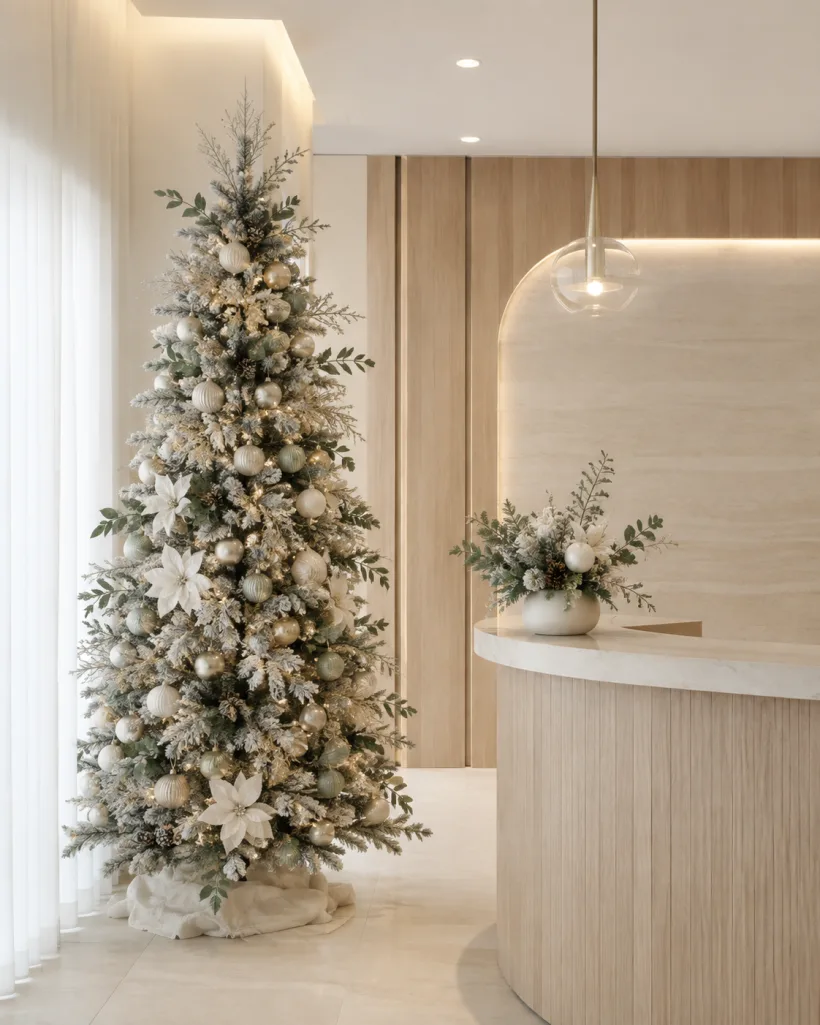 Recepção clara com árvore de Natal nevada, flores brancas e arranjo sobre o balcão