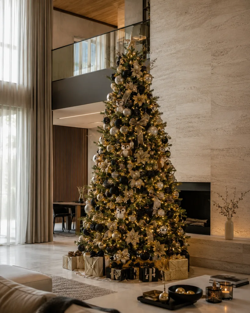 Sala de pé direito duplo com árvore de Natal alta decorada em dourado