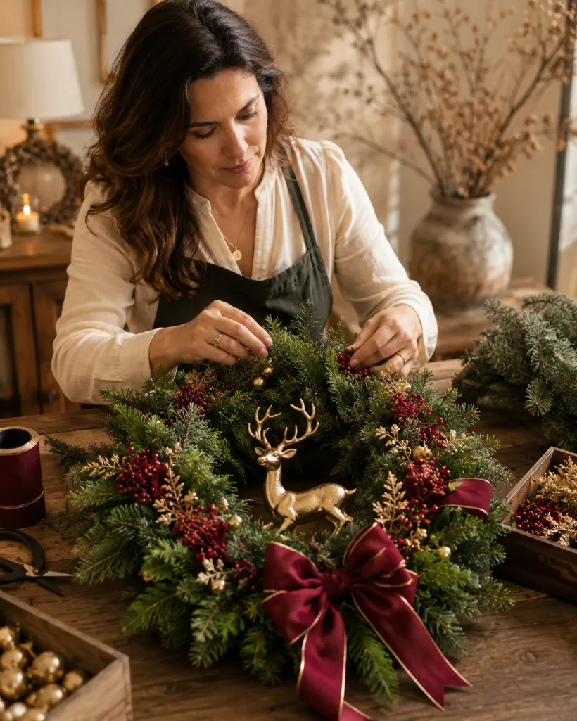 Decoradora da Casa Feliz remodelando uma guirlanda com rena dourada e laço marsala