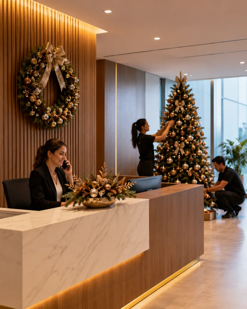 Recepção corporativa com guirlanda dourada na parede e equipe montando a árvore ao fundo